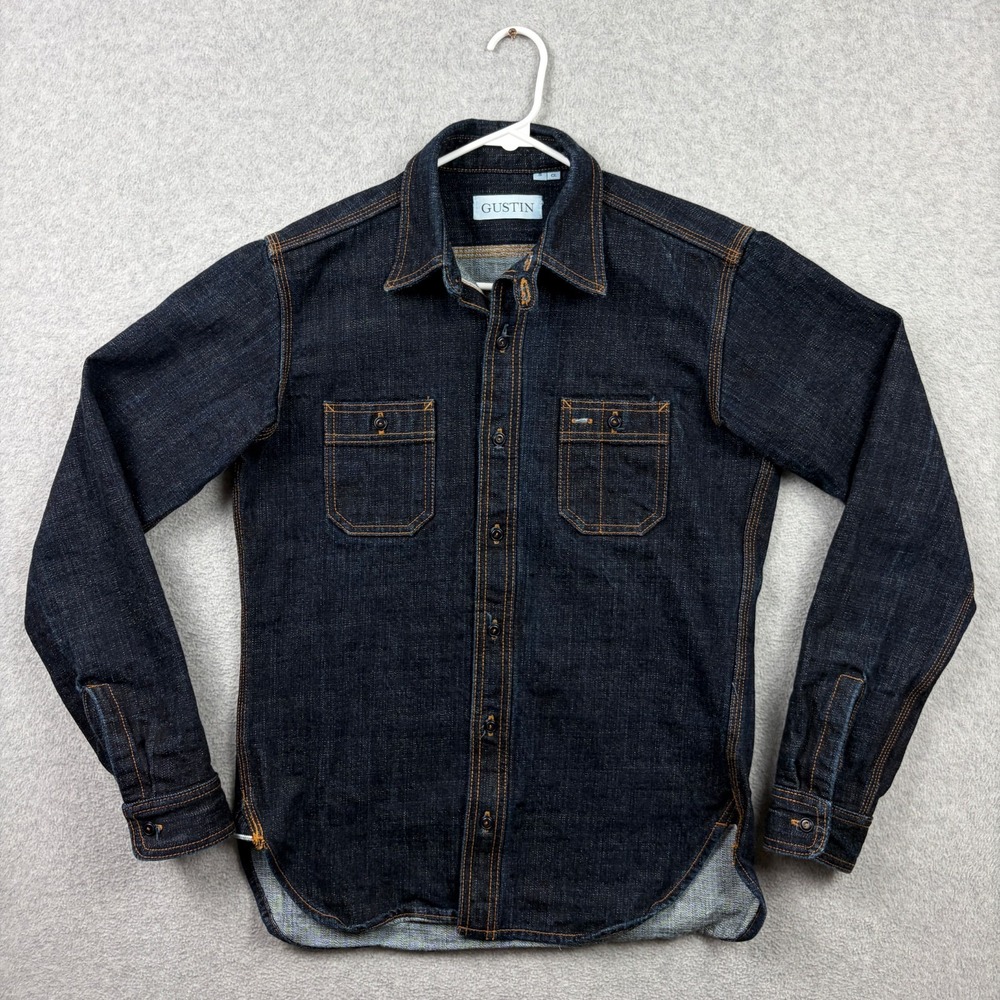 Gustin Work Shirt Mens Small Blue Dark Wash Heavy Selvedge Denim Button Up USA
